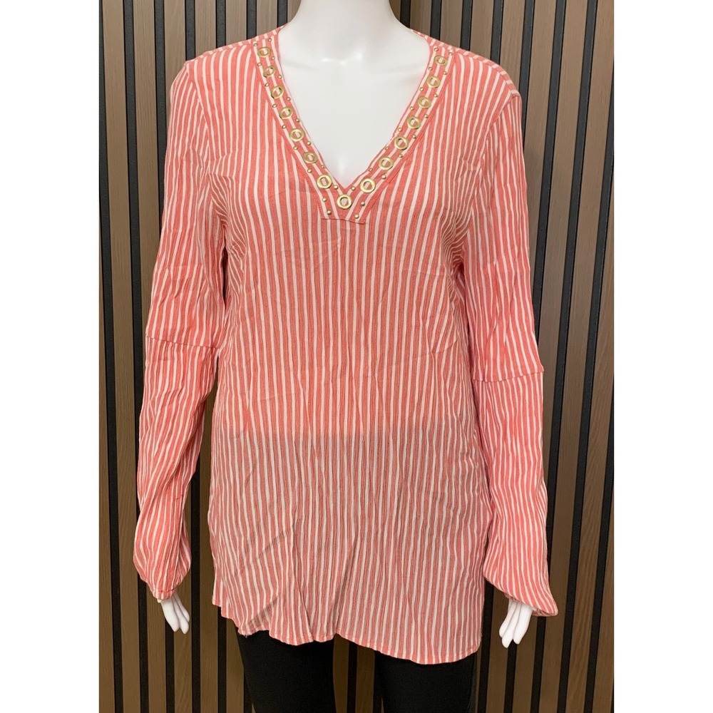 Michael Kors Women's Coral White Striped Grommet V-Neck Tunic Top Medium
